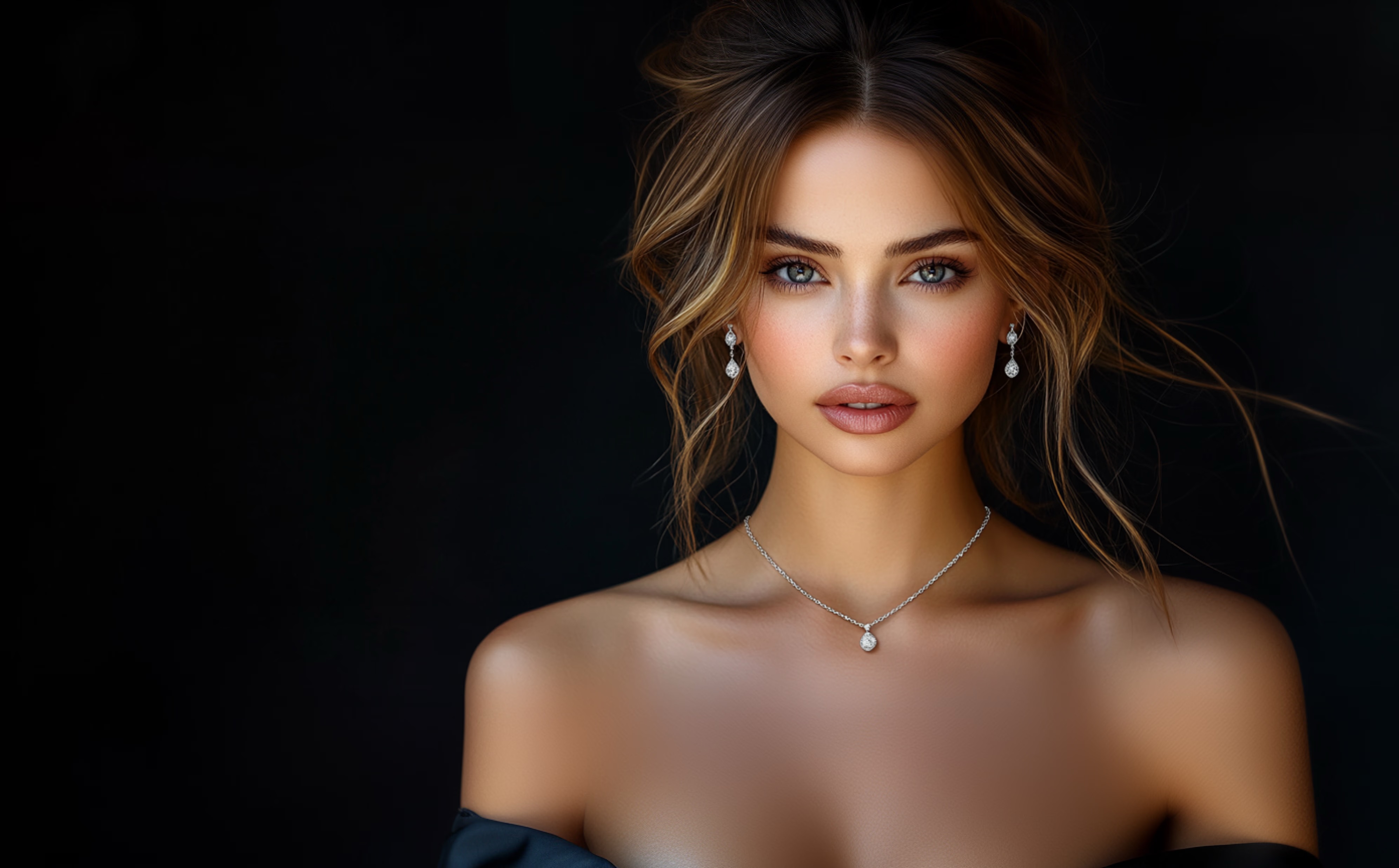 MIMORA model wearing earrings and a necklace